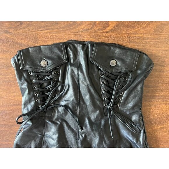 Forever 21 Black Faux Leather Strapless Mini Dress M Lace Up Corset Y2K Punk - Picture 2 of 5